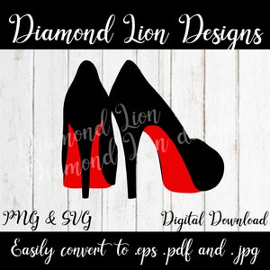 May include: Two black high-heeled shoes with red soles. The shoes are side by side and the heels are facing forward. The image is on a white wood background.