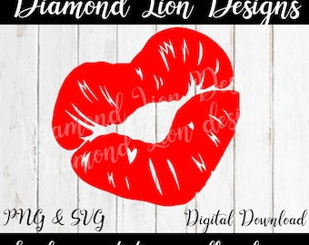 May include: A digital download graphic featuring a bold red lip design. The image includes the text "Diamond Lion Designs" at the top and "PNG & SVG Digital Download" at the bottom. The image can be converted to .eps, .pdf, and .jpg formats.