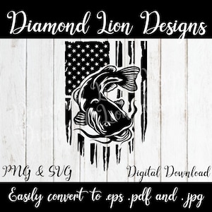May include: Black and white graphic of a catfish over an American flag design. The image includes the text "Diamond Lion Designs", "PNG & SVG", and "Digital Download". The image also states "Easily convert to .eps .pdf and .jpg".