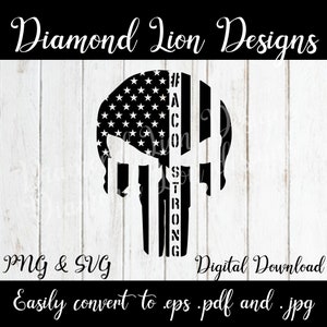 May include: Black and white digital download design of a skull with an American flag and the text #CO STRONG.  The design is suitable for use as a sticker, iron-on, or other craft project.