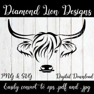 Könnte beinhalten: Schwarz-weiße Silhouette eines Highland-Rinderkopfes mit einer stilisierten Mähne. Das Bild enthält den Text "Diamond Lion Designs", "PNG & SVG" und "Digitaler Download. Einfach in .eps, .pdf und .jpg konvertieren".