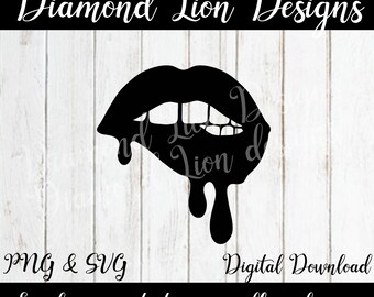 May include: Black and white digital download of a dripping, open mouth with teeth. The text "Diamond Lion Designs" is at the top of the image. The text "PNG & SVG" is at the bottom left of the image. The text "Digital Download" is at the bottom right of the image. The text "Easily convert to eps.pdf and .jpg" is at the bottom center of the image.