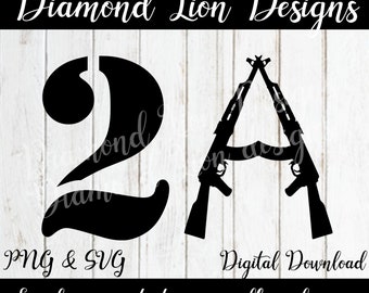 May include: Black and white digital download design featuring the number 2 and the letter A formed by two crossed rifles. The text "PNG & SVG" and "Digital Download" is included. The text "Easily convert to eps.pdf and .jpg" is also included.