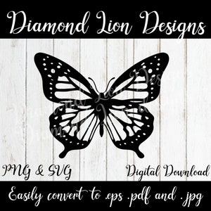 May include: Black and white silhouette of a butterfly with intricate wing patterns.  The butterfly is centered on a white woodgrain background.  The text "PNG & SVG" and "Digital Download" is at the bottom of the image.  The text "Easily convert to .eps .pdf and .jpg" is at the bottom of the image.