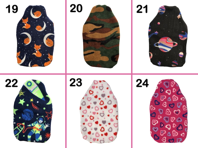 May include: Six different designs of hot water bottle covers. The covers are made of soft fleece and feature various patterns, including foxes, camouflage, planets, astronauts, and hearts.