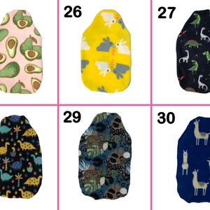 May include: Six different designs of fabric hot water bottles. The designs include avocados, bunnies, dinosaurs, llamas, and jungle animals. The hot water bottles are all in different colors, including pink, yellow, blue, and green.