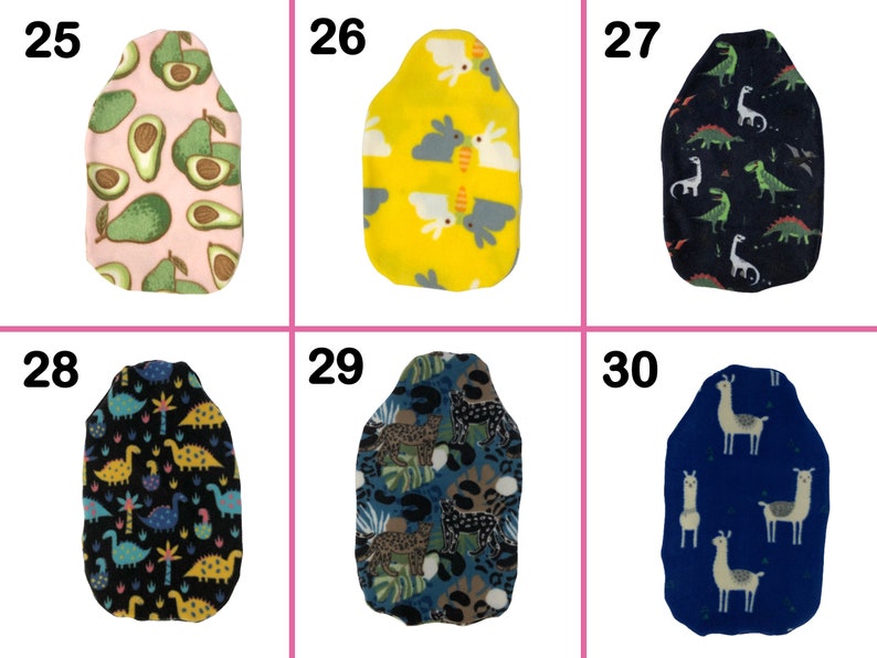May include: Six different designs of fabric hot water bottles. The designs include avocados, bunnies, dinosaurs, llamas, and jungle animals. The hot water bottles are all in different colors, including pink, yellow, blue, and green.