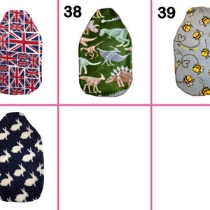 May include: Four different designs for a hot water bottle cover. The covers are made of soft fabric and feature various patterns, including a Union Jack, dinosaurs, bees, and bunnies. The covers are numbered 37, 38, 39, and 40.