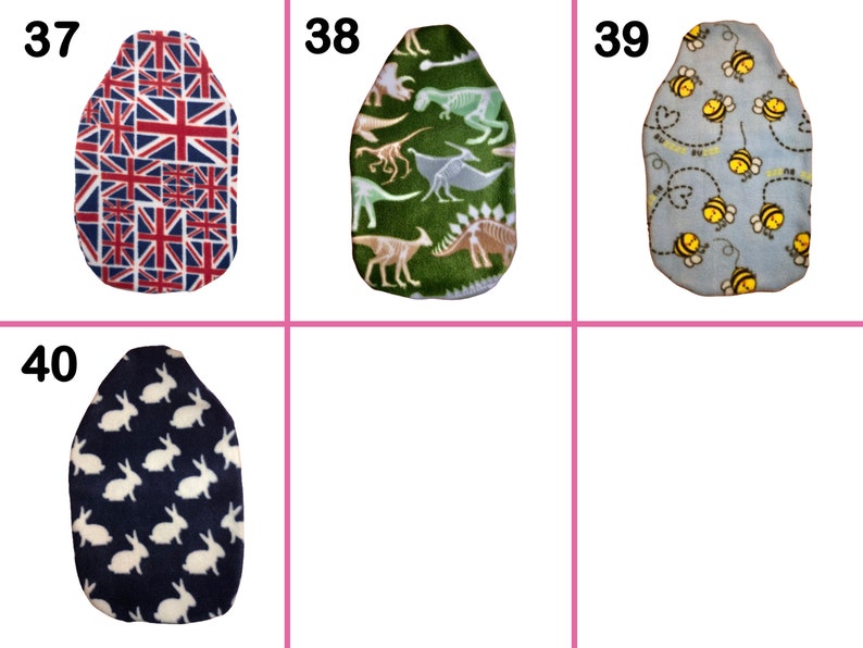 May include: Four different designs for a hot water bottle cover. The covers are made of soft fabric and feature various patterns, including a Union Jack, dinosaurs, bees, and bunnies. The covers are numbered 37, 38, 39, and 40.