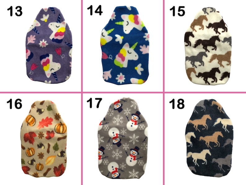 May include: Six different designs of fleece hot water bottles. The designs include unicorns, snowmen, and horses. The numbers 13, 14, 15, 16, 17, and 18 are printed on the top of each bottle.