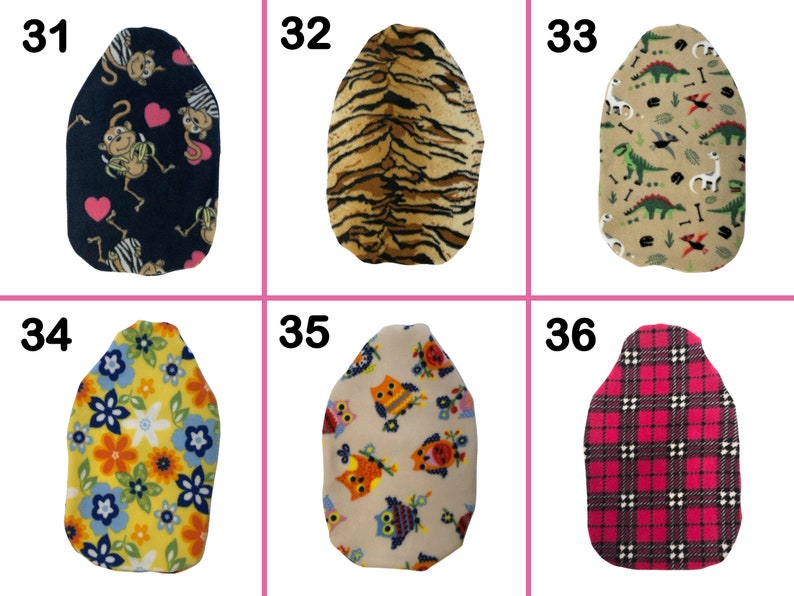 May include: Six different fabric designs for a hot water bottle cover. The designs include monkeys, tigers, dinosaurs, flowers, owls, and plaid.