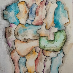 May include: Watercolor painting featuring an abstract composition of interlocking shapes in various colors. The artwork includes shades of blue, green, orange, and brown, with a textured, layered effect. Signed "Mateusz 2022".