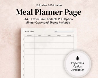 Weekly Meal Planner Printable with Grocery List, Mindful Eating, Minimalist Design, Ink-Friendly, A4/Letter Planner Insert, Diet Planner