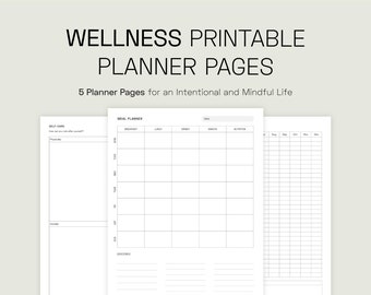 Wellness Printable Pack, A4 and Letter, Meal Planner, Fitness Tracker, Mood Tracker, Self-care, 5 Planner Insert Sheets, Instant Download