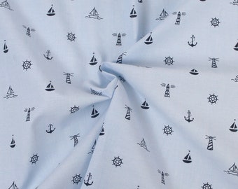 50cm x 144cm Cotton Maritim Anchor Control Class Lighthouse Sailboat Light Blue Black Meterware Fabric Cotton Fabric for Patchwork Fashion