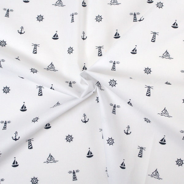 50 cm x 144 cm Cotton Maritime Anchor Steering Wheel Lighthouse Sailing Boat White Black Sold by the Meter Fabric Cotton Fabric for Patchwork Fashion