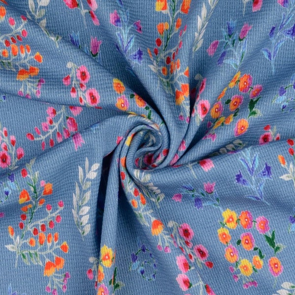 50 cm PIQUE SUPER STRETCH Jeansblau Multicolor Blumen