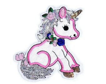 Bügelbild Patches Aufnäherbild Aufnäher Sticker Einhorn mit Glitzer AB-Effekt