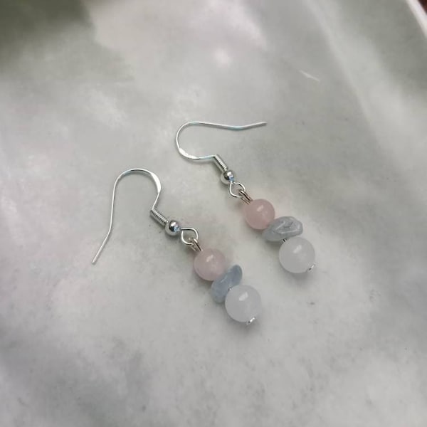 Moonstone, Rose Quartz and Aquamarine Earrings, Fertility Crystal  Earrings, Gemstone Earrings, Pregnancy Earrings