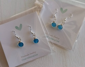 Recycled Sea glass Earrings,  Beach Glass Earrings, Sterling Silver Seaglass Earrings, Huggie Hoop Blue Seaglass Earrings