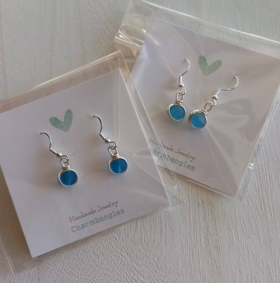 Recycled Sea glass Earrings,  Beach Glass Earrings, Sterling Silver Seaglass Earrings, Huggie Hoop Blue Seaglass Earrings