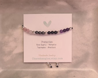Protection Crystal Bracelet, Mini Gemstone Bracelet, Black Tourmaline, Amethyst, Rose Quartz, Hematite, Empath Protection Bracelet