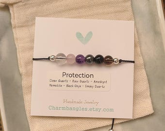 Empath Protection Bracelet, Gemstone Bracelet, Crystal Healing Bracelet, Rose Quartz, Amethyst,  Hematite, Black Onyx, Quartz, 14k Gold Fill