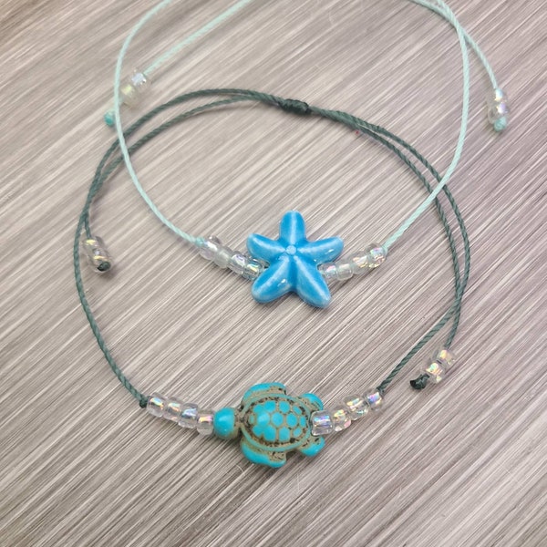 Starfish Ankle Bracelet, Sea Turtle Ankle Bracelet, Beach Bracelets, Adjustable Wax Cord Ankle Bracelet, Waterproof
