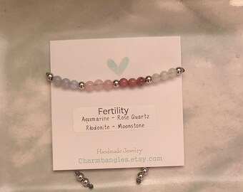 Fertility Crystal Bracelet, Pregnancy Gemstone Bracelets, Healthy Pregnancy Bracelet, Rose Quartz, Moonstone, Aquamarine, Rhodonite
