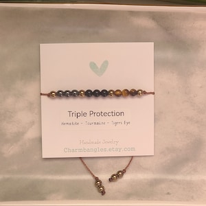 Triple Protection Crystal Bracelet, Protection Bracelet, Healing Gemstone Bracelet, Black Tourmaline, Hematite, Tigers Eye
