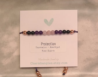 Empath Protection Bracelet, Gemstone Bracelet, Black Tourmaline, Amethyst and Rose Quartz Crystal Bracelet, Mini Gemstone Bracelet