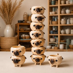 May include: A collection of beige ceramic mugs shaped like pug dog heads with dark brown muzzles and large black eyes. One stack of six mugs stands vertically, while three individual mugs are positioned separately on the flat surface.