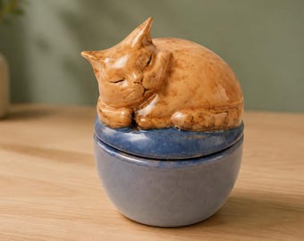Personalized Sleeping Cat Ash Urn, Handmade Ceramic Pet Memorial Keepsake