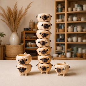 Hand-Sculpted Pug Ceramic Planter, Hand-Painted Dog Succulent Pot, Desk Decor