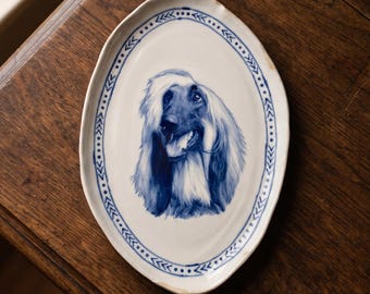 Hand-Painted Ceramic Dog Portrait Plate, Blue White Delft Style Custom Pet Art