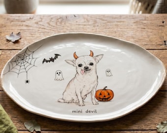 Personalized Halloween Dog Plate, Hand-Painted Ceramic Pet Portrait, Spooky Dog Memorial Art