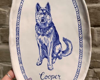 Hand-Painted Ceramic Dog Portrait Plate, Custom Pet Keepsake, Blue White Oval Dish