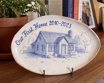 Custom First Home Portrait Plate, Blue and White House Illustration, Personalized Housewarming Gift, Wedding Anniversary Keepsake