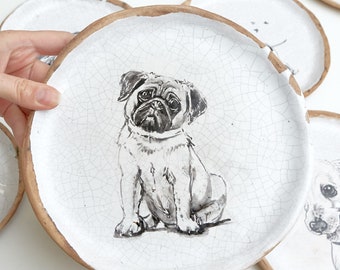 Hand-Painted Pug Ceramic Plate, Custom Pet Portrait Dish, Handmade Trinket Tray, Ring Holder