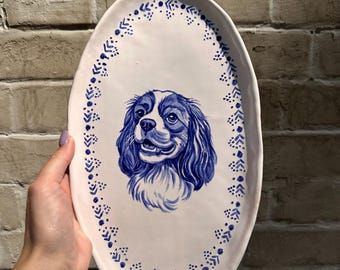 Custom Dog Portrait Oval Ceramic Plate, Hand Painted Blue and White Pet Art, Personalized Pet Memorial Keepsake, Gift for Dog Lover