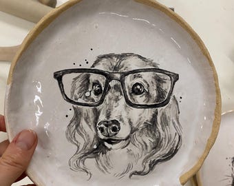 Handmade Ceramic Pet Portrait Plate, Custom Dog Sketch Dish, Hand-Painted Keepsake