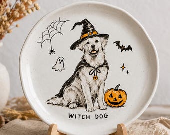 Custom Hand-Painted Witch Dog Ceramic Plate, Halloween Pet Portrait Decor