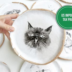 Custom Cat Portrait Ceramic Plate, Personalized Cat Lover Gift, Hand Painted Pet Memorial Dish, Whimsical Cat Art, Pottery Trinket Bowl