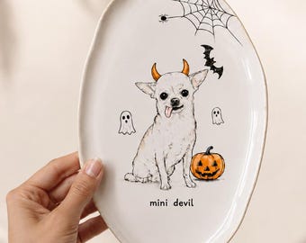Personalized Halloween Dog Plate, Hand-Painted Pet Portrait, Spooky Ceramic Platter (8 inch)