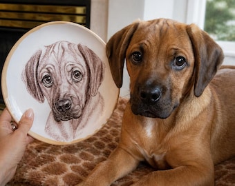 Custom Hand-Painted Dog Portrait Ceramic Plate, Personalized Pet Memorial Keepsake
