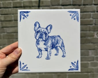 Custom Pet Portrait Delft Blue Tile, Hand-Painted Dog or Cat Ceramic Portrait, Personalized Pet Memorial Gift, Blue and White Wall Art