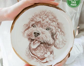 Custom Hand-Painted Pet Portrait Ceramic Plate, Handmade Pottery Dish