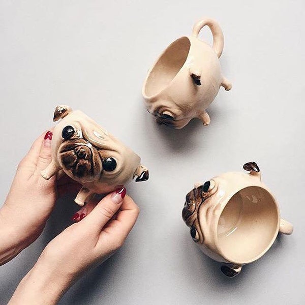 Pottery coffee cup with pug dog hand painted mug - 300 ml - 10 oz - Handmade tea mug - Dog Lover Gift, mothers day