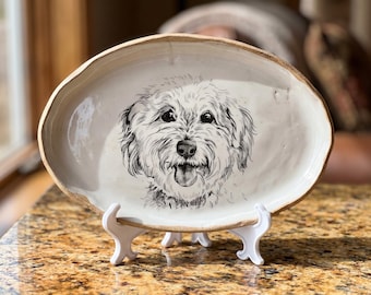 Custom Hand-Drawn Dog Portrait Oval Ceramic Plate, Personalized Pet Art Dish