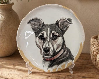 Custom Hand-Painted Ceramic Dog Portrait Plate, Personalized Pet Memorial Keepsake